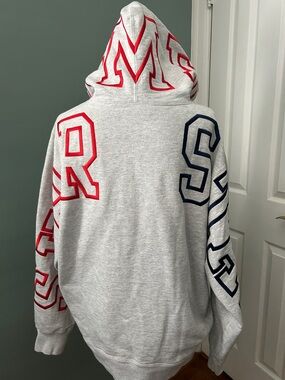 Men's Light Gray Graphic Hooded Sweatshirt with Red & Navy Accents